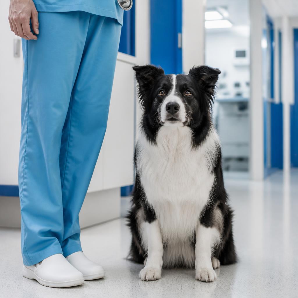 Cachorro adulto sentado ao lado de profissional em clínica veterinária