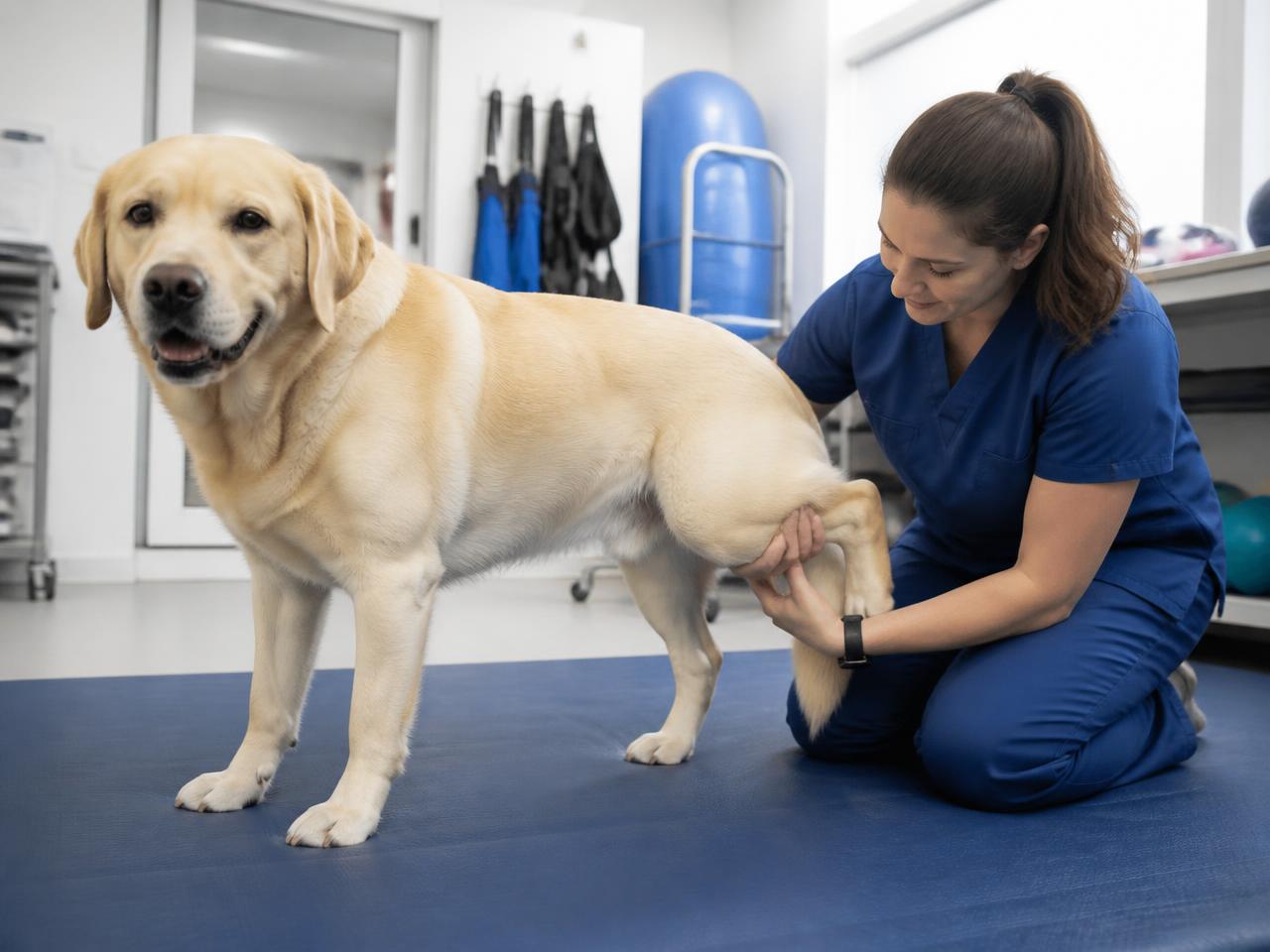 Fisioterapeuta veterinária apoiando a pata de um cachorro durante sessão de reabilitação