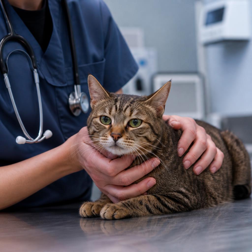 Gato adulto tranquilo sendo examinado por médica veterinária