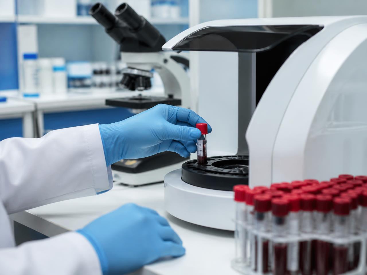 Laboratório veterinário com amostra de sangue sendo colocada em analisador